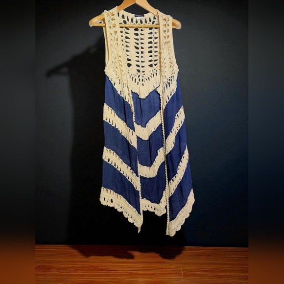 Vivid Importers Of NY L Long Bohemian Crochet Vest with Blue Denim Stripes - Picture 1 of 5